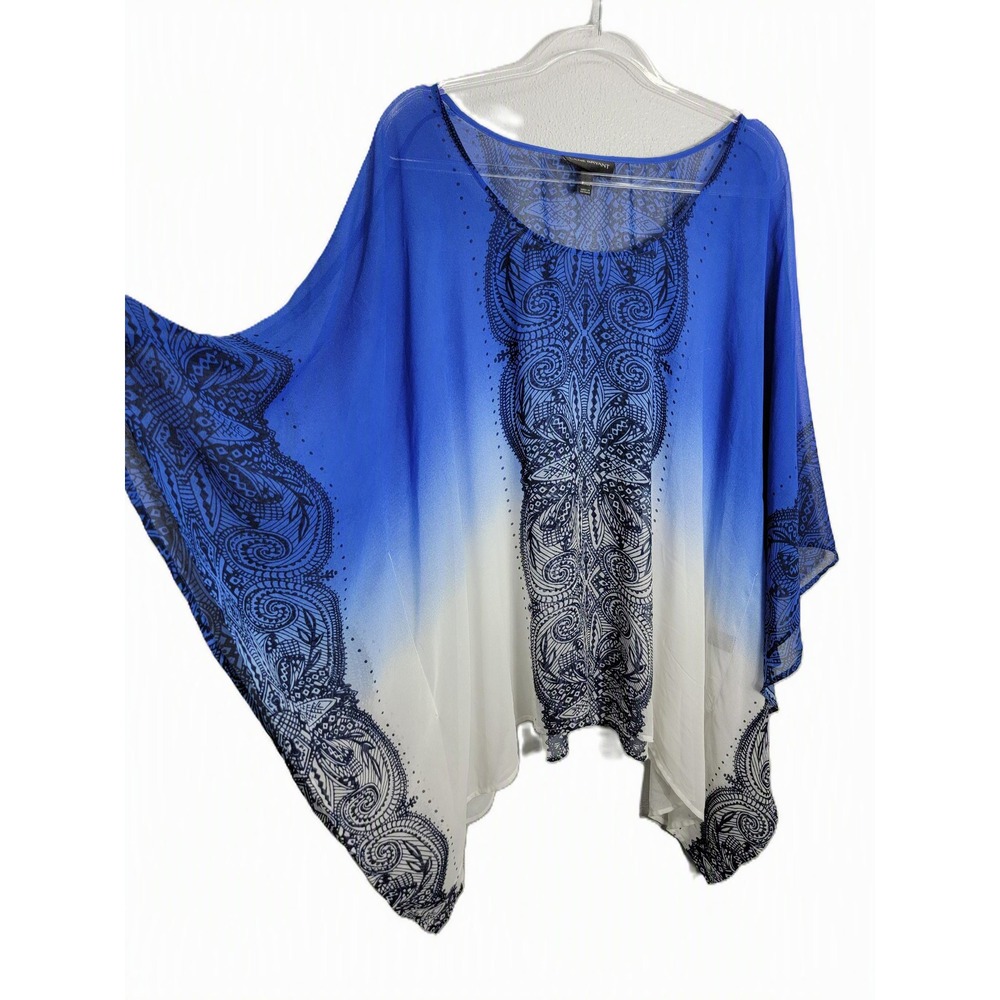 Lane Bryant Womens 26/28 Poncho Top Blue Ombre Paisley Sheer Chiffon Boho